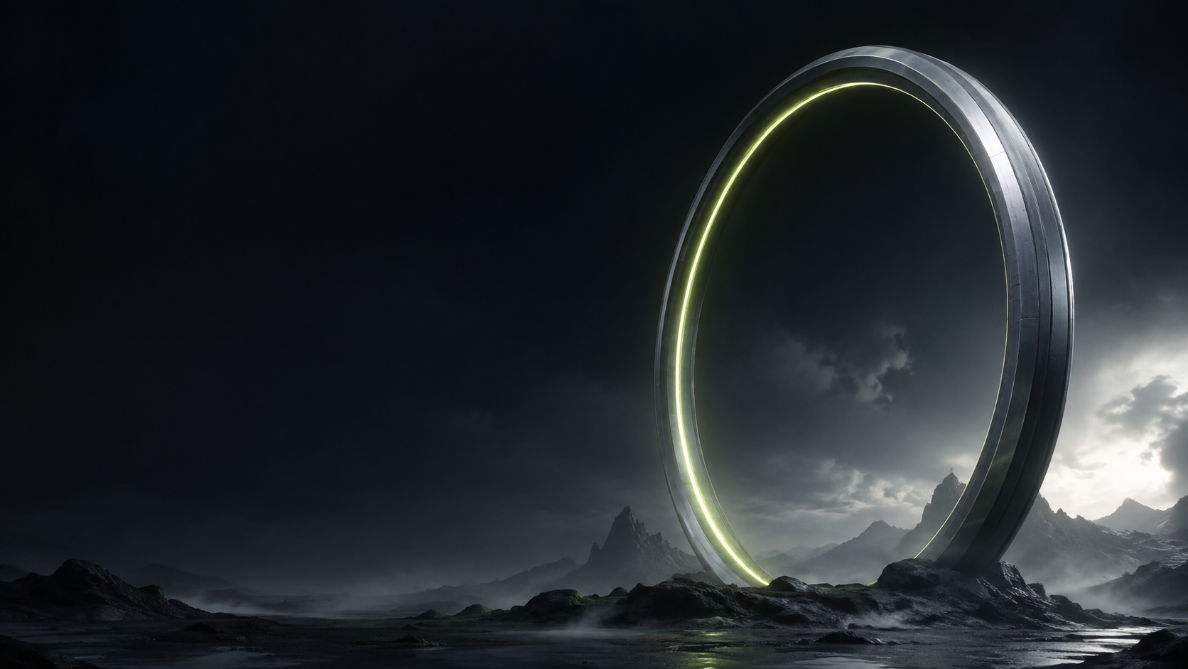 A monumental illuminated portal in a cinematic dark landscape