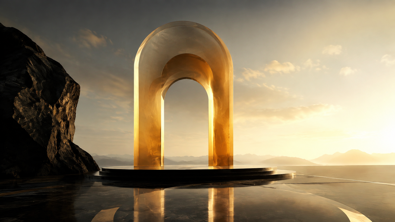 An illuminated amber glass sanctuary rising from dark stone