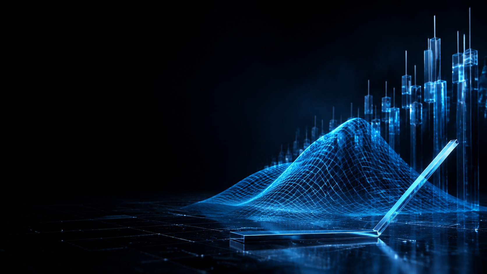 A luminous blue volatility surface and options payoff curve with glass market candles