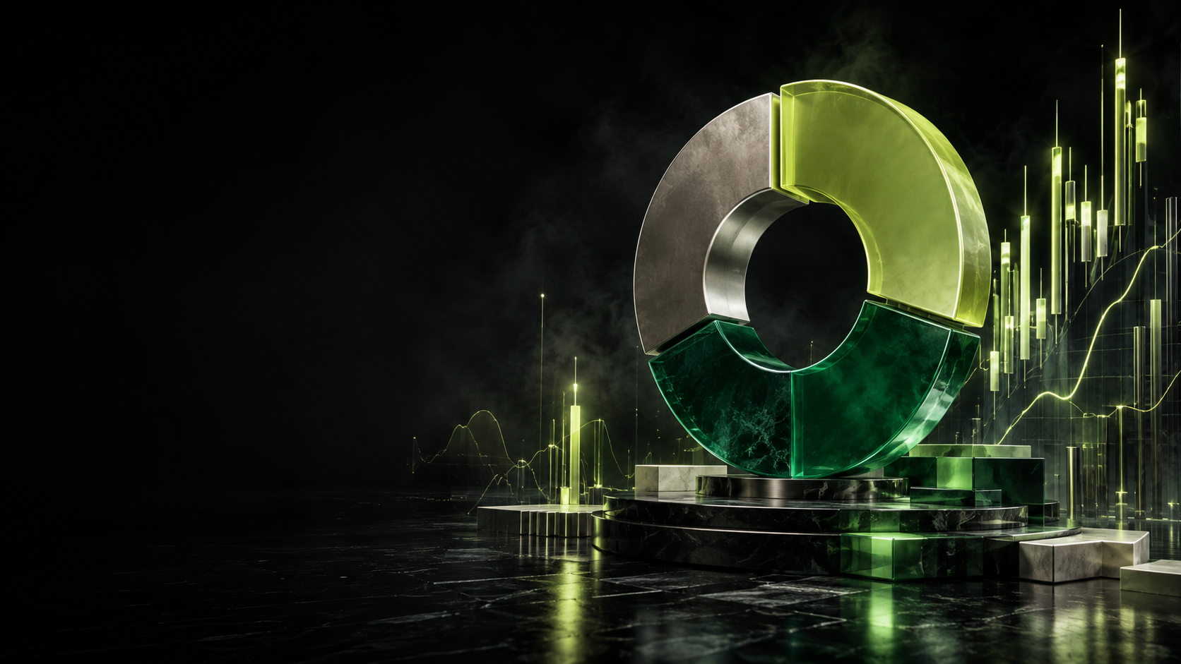 A sculptural portfolio allocation chart with luminous green market candles in a dark financial landscape